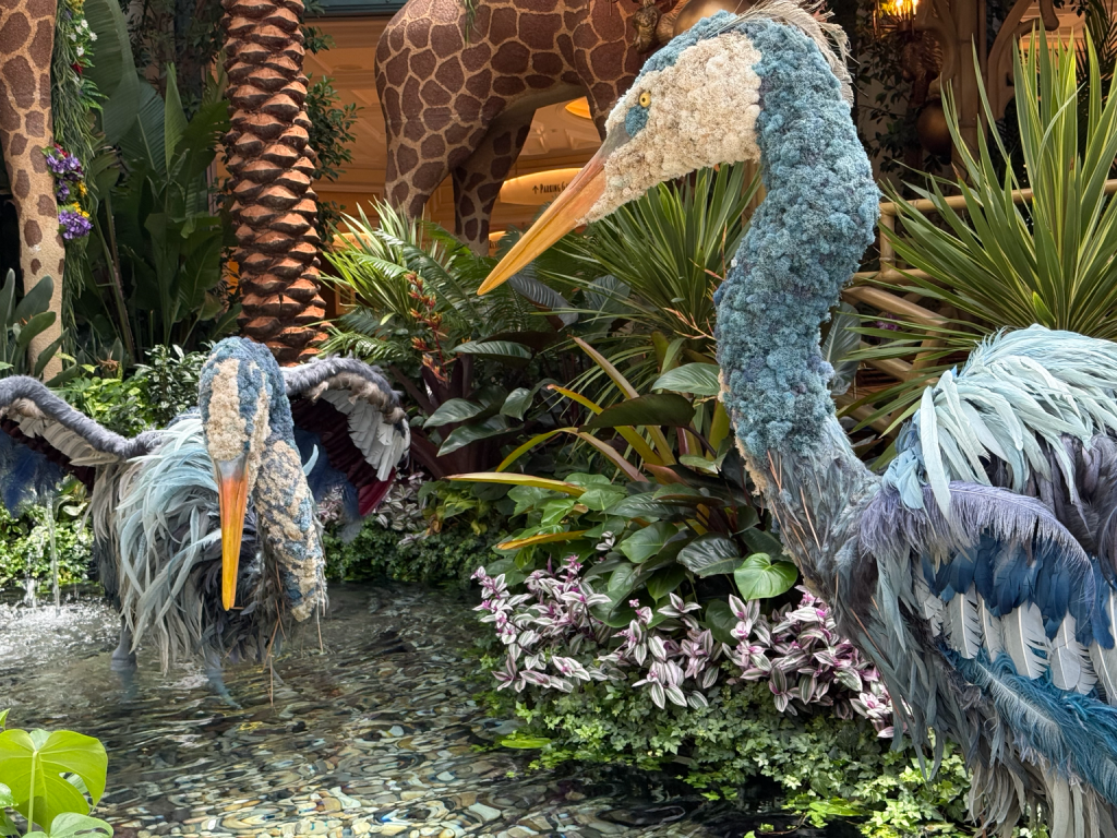 Two blue-and-white bird sculptures with long orange beaks beside a pool, surrounded by lush plants at the Bellagio Conservatory.
