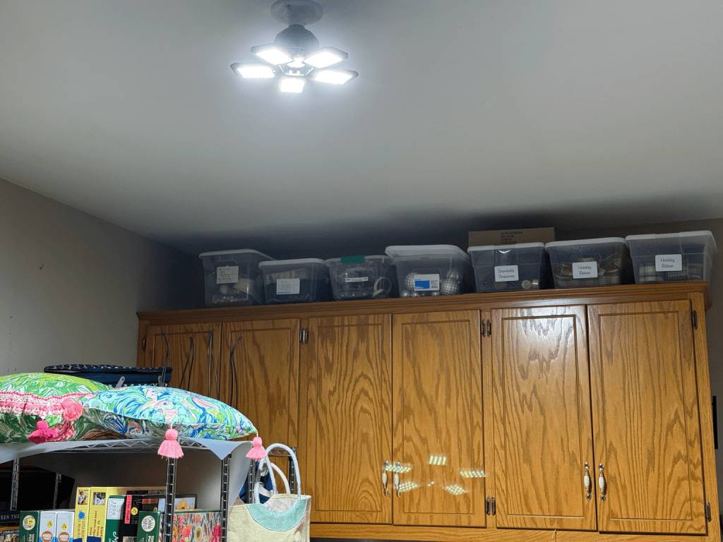 LED ceiling light illuminating garage cabinets, storage bins, and shelves.