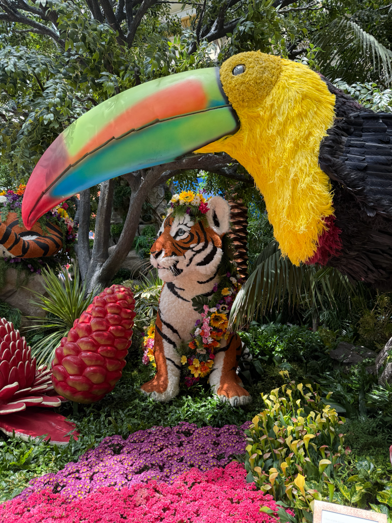 Large toucan sculpture with a multicolored beak above a small tiger sculpture, surrounded by flowers and greenery at the Bellagio Conservatory.
